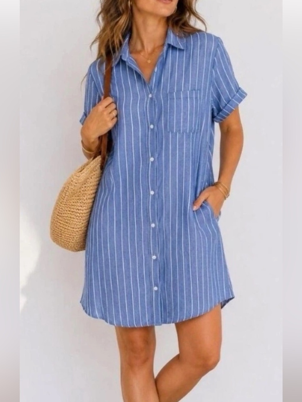 Old Navy Linen Striped Shirt Dress Small Blue & White Striped Preppy Coastal